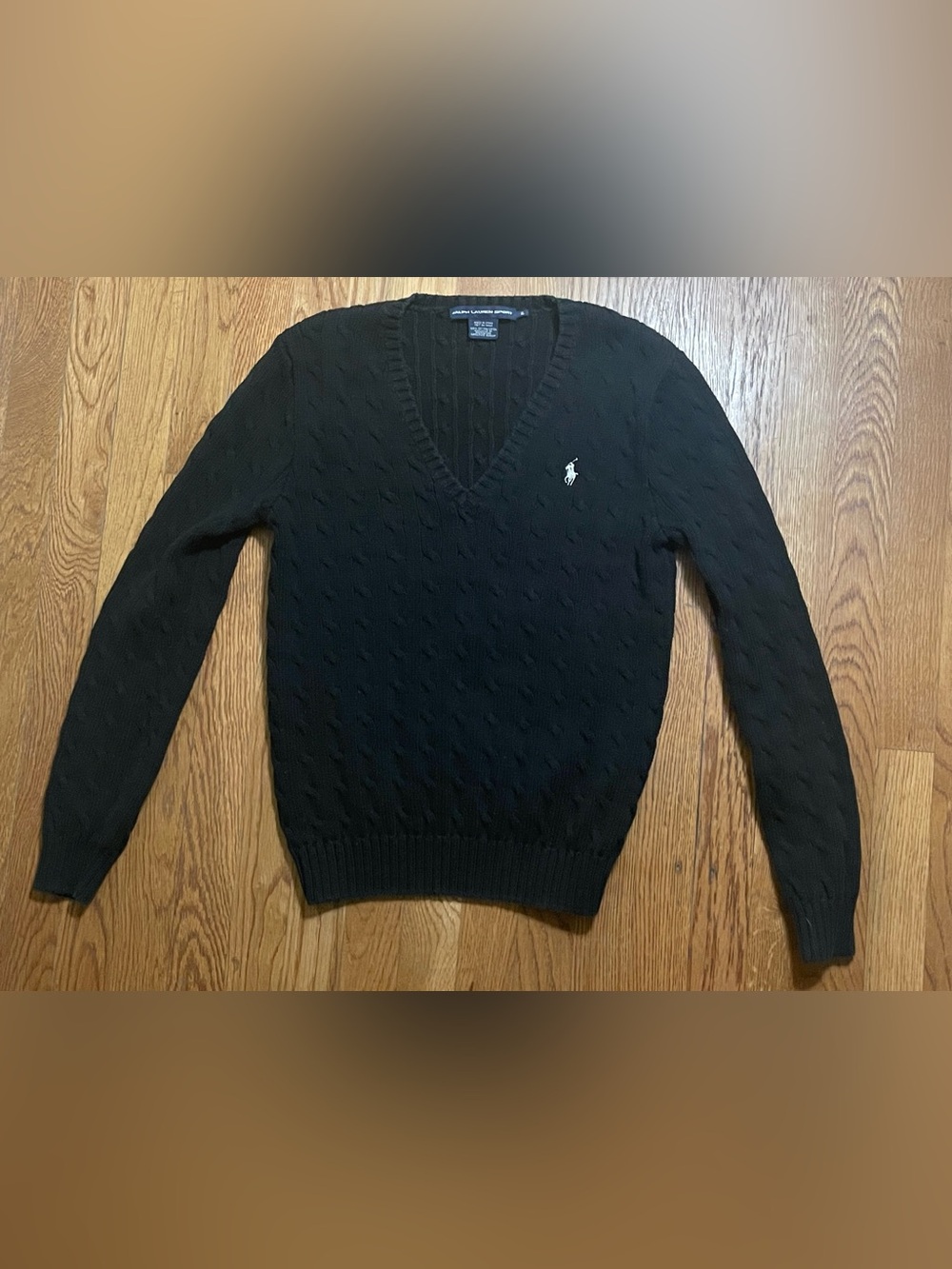 Ralph Lauren Sport Black Cable Knit V-Neck Sweater Sz Large